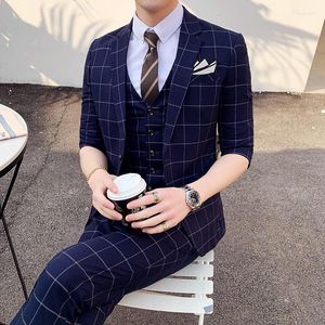 Men's Suits (Jacket Vest Pants) Men Spring Half Sleeve Plaid Business Suits/Male Slim Fit Fashion Groom Wedding Dress Blazers Add Size S-4XL