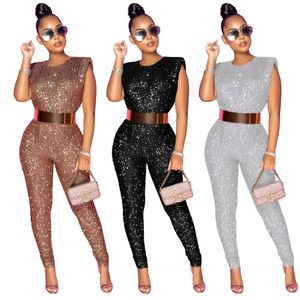 Kvinnors jumpsuits Rompers Glitter paljett Ribbed Jumpsuit Kvinna ärmlös Bodycon Club Party Romper Plus Size S-5XL Night Outfits