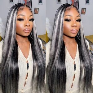 30 34 Inch Highlight Grey Color Wigs Human hair For Women Brazilian Pre Plucked Synthetic Lace Front Wig Preplucked Natural Hairline