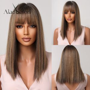 Synthetic Wigs ALAN Bob Medium Length Straight Bangs for Women Brown Blonde Mixed Daily Cosplay Use Heat Resistant 230324