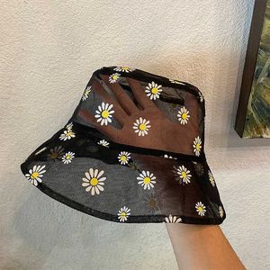 Geniş Memlu Şapkalar Nakış Daisies Buck Hat Kadın Şeffaf Mesh Panama Le Fisherman Şapka Moda Yaz Açık Bob Balıkçılık Güneş Şapk Cap P230311