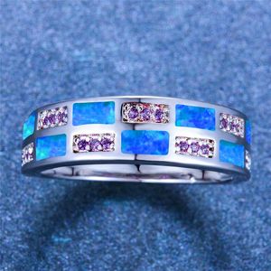 Wedding Rings Cute Female Blue White Fire Opal Ring Silver Color Finger Vintage Boho Engagement For WomenWedding