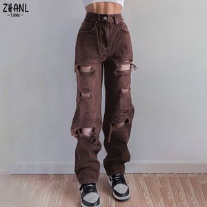 Женские джинсы коричневые разорванные винтажные женские стрит -стрит -дыра хип -хоп с высокой талией модные брюки с прямыми джинсовыми брюками. Дамы 230325