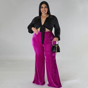 Women's Plus Size Pants Plus Size Women Velvet Pants Solid Wide Leg Trouser Fall Female Elegant Flare Pants Lady Winter Casual Designer Trousers 230325