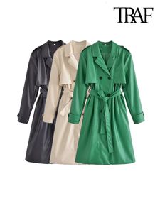 Women's Jackets TRAF Women Fashion With Belt Faux Leather Trench Coat Vintage Long Sleeve Front Button Female Outerwear Chic Overcoat 230324