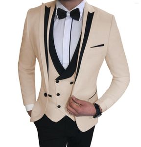 Garnitury męskie Suit Men 3 sztuki Slim Fit Business Casual Notched Groomsmen Beige/Black/Grey Tuxedo na ślub (spodnie kamizelki kurtki)