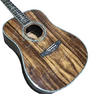 Dreadnought KOA Wood Folk Acoustic Guitar Ebony Fingerboard Real Abalone Binding KOA Back Side