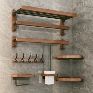 Bath Accessory Set Walnut Wood Black Bathroom Hardware Towel Rack Toilet Paper Holder Bar Shelf Accessories