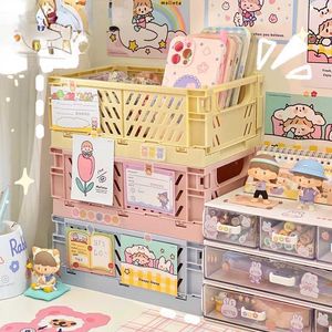 Storage Boxes Bins Korea Ins Desktop Folding Storage Box Organizer Student Sundries Snacks Toys Plastic Organizing Storage Box Dormitory Basket P230324