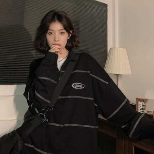 Kvinnors hoodies tröjor houzhou harajuku svart tröja kvinnor koreanska mode streetwear randiga hoodie vintage hiphop pullover estetik överdimensionerade 230325