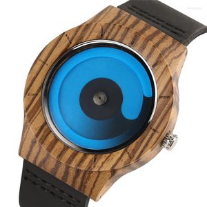 Wristwatches Blue/Purple Swirl Dial Wooden Creative Watches Men Casual Leather Strap 2023 Arrival Clock Wood Wristwatch Man's Gift