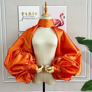 Wedding Hair Jewelry Orange Gold Fashion Jacket Puffy Sleeves Cloak Short Bolero Shawl High Neck With Buttons Bridal Accessories 230325
