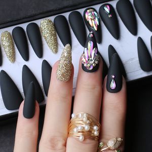 Накладные ногти Накладные ногти Черные шпильки Накладные ногти DIY кристалл Золотой блеск Накладные ногти полный набор накладных ногтей на заказ гвозди в коробке 28 шт. 230325