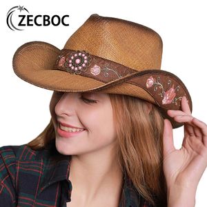 Wide Brim Hats Bucket High Quality Straw Women Western Cowboy Panama Summer Retro Elegant Vintage Cowgirl Handmade Embroidery Sun 230325