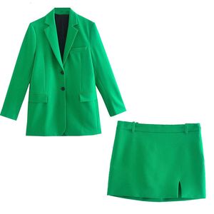 Zweiteiliges Kleid, einfarbig, grün, schick, Bürodame, Damen-Sets, 2-teilig, elegant, einreihig, langärmelig, schmaler Blazer, Anzüge, kurze Röcke, 230324