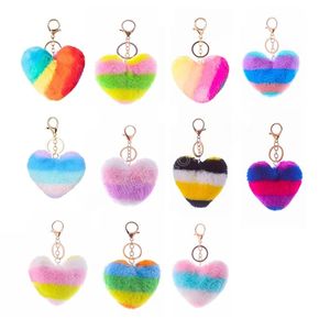 Heart Shaped Plush Keychains Creative Rainbow Stitching Imitation Rabbit Fur Keychain Luggage Decoration Keyring Pendant