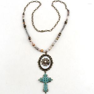 Pendant Necklaces Dropship Fashion Jewelry Amazonite Natural Stone & Glass Crystal Long Chain Cross For Women Ethnic Necklace