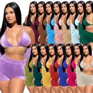 Calça de duas peças feminina Veludo sólido 3 sets femininos de trajes femininos Lace Up Up Bra Manga Longa Jaqueta com capuz Top de tampa combinando moda Moda Ternos 230325