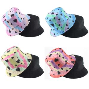 Wide Brim Hats Spring Summer Bucket Hats Tie Dye Heart Print Reversible Fisherman Hat Unisex Fashion Panama Beh Fishing Sun Cap P230311