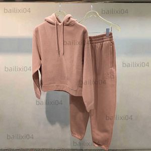 Women's Two Piece Pants Basic letter print drawcord hood dirty pink plush sweater suit T230325