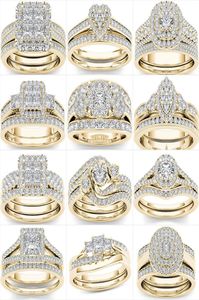 Kristal Kadın Büyük Zirkon Taş Yüzük Seti Moda Altın Gümüş Gelin Alyans Kadınlar Için Promise Aşk Nişan Ring1014157