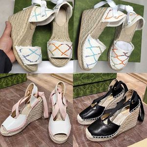 Womens Platform Heel Sandals Straw Woven Wedge Espadrille Shoes Leather Fisherman Thick Heel Sandal Decorative Ankle Straps Open Toe Toe Dress Shoe With Box NO037