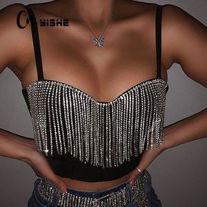 Damen T-Shirt CNYISHE Mode Sexy Clubwear Diamant Quaste Crop Tops Ärmellose T-Shirts Sexy Slim Lady Bralette Tops Strap Skinny Female Tee 230325