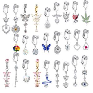Nose Rings Studs Faux Fake Belly Piercing Butterfly Leaves Dangling Long Button Pircing Clip On Umbilical Navel Cartilage Earring 230325