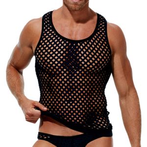 Männer Tank Tops Männer Mode Lose O Hals Ärmellose Weste Hemd Casual Durchsichtig Nachtclub T-shirts Sexy Aushöhlen Mesh stricken Fisch Net 230324