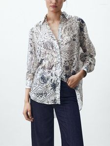 Camicette da donna Disegno a tratto di inchiostro da donna Stampa Camicetta retrò Colletto rovesciato monopetto 2023 Camicia e top moda donna inizio autunno