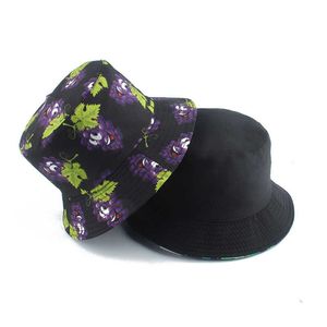 Geniş Memlu Şapkalar 2021 Yaz Panama Şapkası Tersinir Kova Şapkası Meyve Üzüm Baskılı Balıkçı Şapkası Erkek Kadın Moda Bob Femme Kova Kapı P230311
