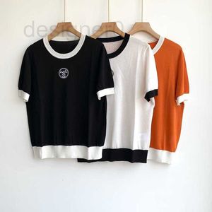 レディースニットティーデザイナープルオーバートップレター刺繍薄いニットファッションラウンドネックコントラストTシャツ女性BQHP