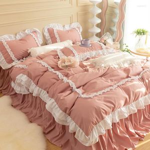 Sängkläder sätter prinsessan set lyxiga sängkläder rufs dubbla täcken omslag och örngott söt godisfärg