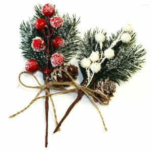 Decorative Flowers 5PCS PVC Fake Snow Frost Pine Branch Artificial Flower Cone Berry Christmas Ornament Holly Xmas Tree Decor Accessory