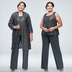 Funkelnde, mit Pailletten besetzte Plus-Size-Spitze-Hosenanzüge für die Brautmutter mit Jacken, Hochzeitsgastkleid, dreiteilige Chiffon-Mutter-Bräutigam-Kleider