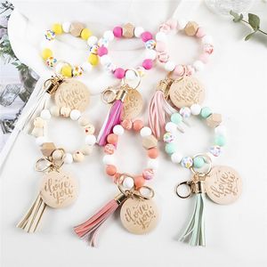 Keychains Fashion Flower Print Silicone Bead Keychain Pendant Round Wood Chip Love Letters Armband Key Chains Smyckesgåvor