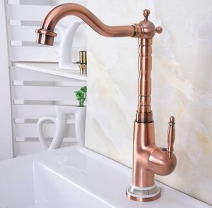 Bathroom Sink Faucets Antique Red Copper Kitchen Faucet Washbasin Single Lever Cold & Water Mixer Taps Deck Mounted Lnf626