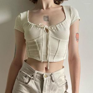 Women's Tanks Women Sexy Tank Tops Stretch Summer Cropped Top Female Short Sleeve Beige Camisole Camis Lace-Up Neck Clothes For