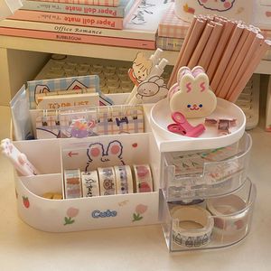 Storage Boxes Bins Creative Desktop Storage Box Organizer Plastic Drawer Transparent Kawaii Ins Multifunction Student Pen Holder Organizer Box Cute 230324