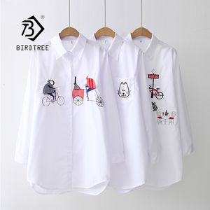 Women's Blouses Shirts White Shirt Casual Wear Button Up Turn Down Collar Long Sleeve Cotton Blouse Embroidery Feminina T8D427M 230325