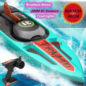 ElectricRC Boats 80KMH Brushless Speedboat Double Layer Waterproof 48CM 200M Racing Boat Capsize Reset Professional Adult Toy 230325