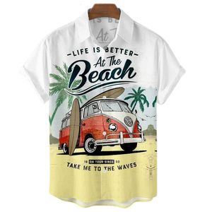 Erkekler Sıradan Gömlek Yaz Hawaiian Vintage Top 3D Araba Baskı Gevşek Erkekler Plaj Aloha Gömlek Moda Giyim Ropa Hombre 5xl 230325