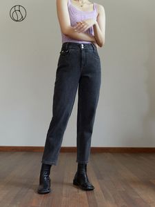 Kvinnors jeans dushu vinter alla matchar smala mörkgrå avsmalnande byxa kvinnor retro hög stigande elastisk midja sträcka rak tjock jean 230325