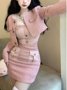 Two Piece Dress Two Piece Dress Winter Pink Elegant Skirt Set Women Sexy Patchwork Y2k Mini Suit Female Casual Korean Fashion Designer 230325