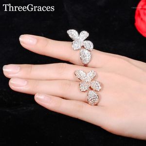 Band Rings Threegraces Elegant Cubic Zirconia Pave Setting Unique Flower Open Adjustable Finger Ring Jewelry For Women Dancing Party RG087