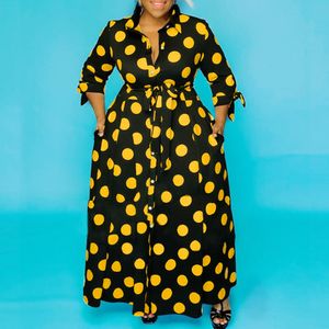 Plus size Dresses XL-5XL fashion plus women clothing casual black dot printing long sleeve shirt dress Wholesale Drop 230325