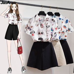 Women's Shorts Big Size 40-200kg Fashion Cartoon Print Shirt Shorts Set for Women Summer Leisure Cozy Two-piece Clothing Sets Girl Short Sleeve 230325