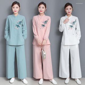 Active Sets Cotton Linen Women Yoga Tai Chi Martial Arts Set Chinese Traditional Printed Shirt Pant Casual Meditation Gym Workout Tang Suit