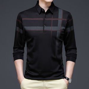 Mens Polos Ymwmhu Fashion Black Men Polo Shirt Long Sleeve Striped Autumn Business T-shirt Streetwear Man Korean Clothing 230325