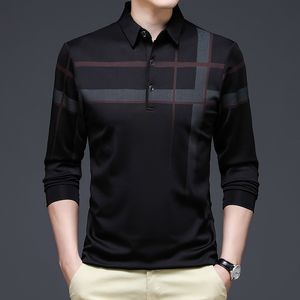 Polos masculinos ymwmhu moda negra Men camisa pólo de manga longa listrada de outono camisetas de streetwear camisa de pólo